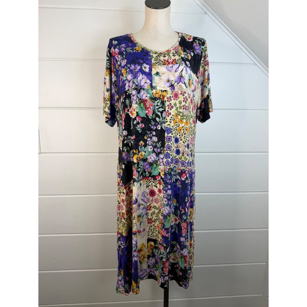 Johnny Was XL Sky‎ Flower Swing Dress Colorblock Patchwork Floral - EXCELLENT